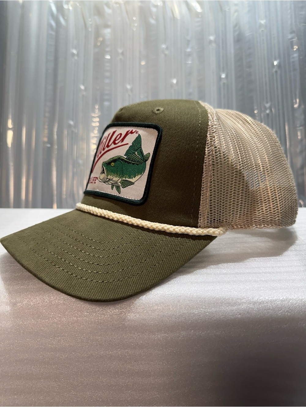 NWT Miller High Life Bass Fishing Rope Trucker Hat Olive Green Snapback